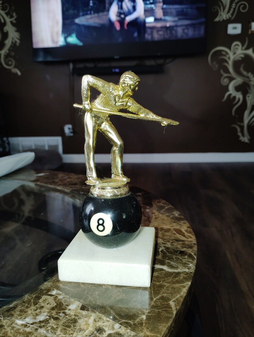 Gold Pool Player Sculpture on Black 8-Ball Accent